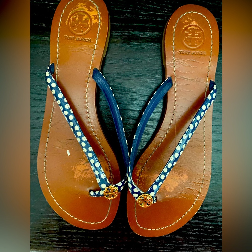 Tory Burch Navy Blue polka dot sandals. Nautical dots. Used. Size 8.5